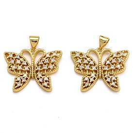 Brass Micro Pave Clear Cubic Zirconia Pendants, Long-Lasting Plated, Butterfly