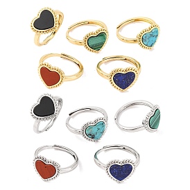 Heart Natural Gemstone Adjustable Rings, Brass Ring for Women, Long-Lasting Plated, Lead Free & Cadmium Free