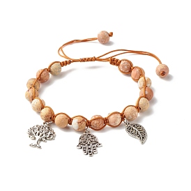 Round Natural Imperial Jasper Braided Bead Bracelet for Men Women, Hamsa Hand /Hand of Miriam & Leaf & Tree Charms Bracelet