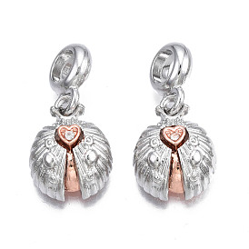 Rack Plating Alloy European Dangle Charms, with Crystal Rhinestone, Large Hole Pendants, Cadmium Free & Nickel Free & Lead Free, Heart with Word