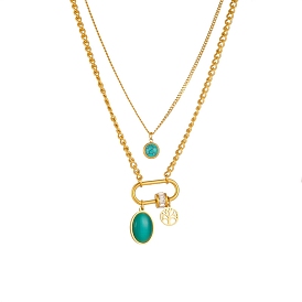 Retro Stainless Steel Double Layer Necklaces, Glass & Synthetic Turquoise Pendant Necklaces for Women, Golden