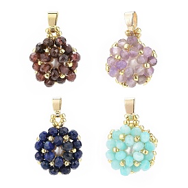 Handmade Japanese Seed Beads Pendants, Round Faceted Natural Mixed Gemstone Cluster Charm with Pearl