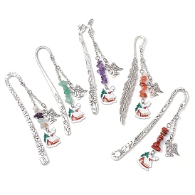 5Pcs 5 Styles Christmas House & Angel Alloy Pendant Bookmarks, Natural Gemstone Chip Beaded and Alloy Hook Bookmarks