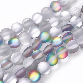 Brins synthétiques de perles de lune, perles holographiques, givré, ronde