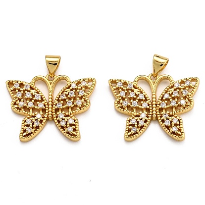 Brass Micro Pave Clear Cubic Zirconia Pendants, Long-Lasting Plated, Butterfly