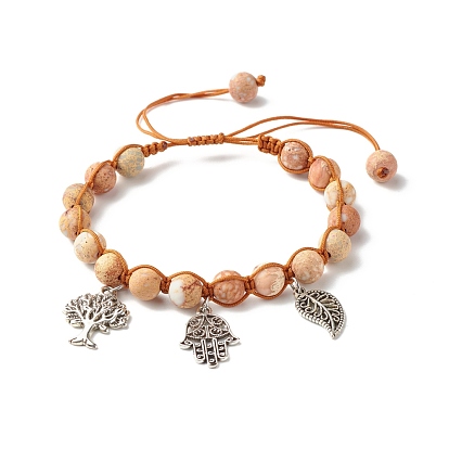 Round Natural Imperial Jasper Braided Bead Bracelet for Men Women, Hamsa Hand /Hand of Miriam & Leaf & Tree Charms Bracelet