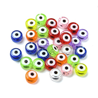 Transparent & Printed Acrylic Beads, Flat Round with Evil Eye Pattern