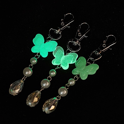 3Piezas de decoraciones colgantes de acrílico luminoso, mariposa, Con dijes de cristal y cierres de aleación., brillan en la oscuridad