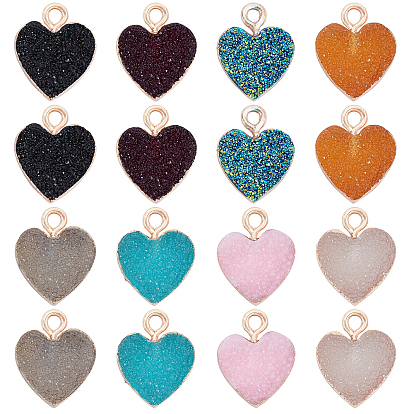Electroplate Druzy Resin Pendants, with Iron Findings, Heart, Light Gold