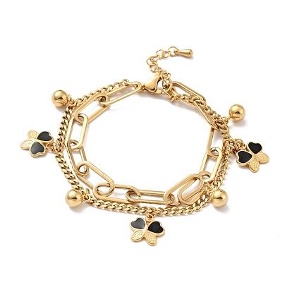 Resin Butterfly and Round Ball Charm Multi-strand Bracelet, Vacuum Plating 304 Stainless Steel Double Layered Chains Bracelet for Women
