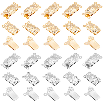 40Sets 2 Colors 304 Stainless Steel Box Clasps, Multi-Strand Clasps, 3-Strands, 6-Holes, Rectangle