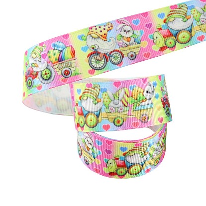 Easter Theme Printed Polyester Grosgrain Ribbons, Flat with Rabbit/Chick/Egg/ Easter Theme Pattern