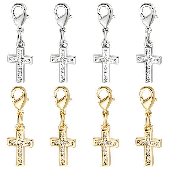 8Pcs 2 Colors Brass Micro Pave Cubic Zirconia Pendant Decorations, Cross, with Brass Lobster Claw Clasps