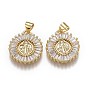 Brass Micro Pave Clear Cubic Zirconia Pendants, Long-Lasting Plated, for Buddhist, with Snap on Bails, Flat Round & Buddha