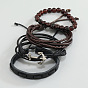 4Pcs 4 Style Leather Cord Bracelets Set, Glass Beaded Stackable Bracelets with Alloy Anchor Clasps