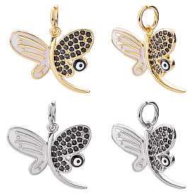Nbeads 4Pcs 2 Colors Brass Micro Pave Cubic Zirconia Pendants, with Enamel and Jump Ring, Butterfly with Evil Eye