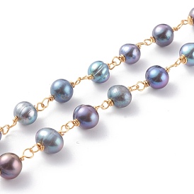 Handmade cultured Freshwater Pearl Beaded Chains, with Copper Wire, Soldered