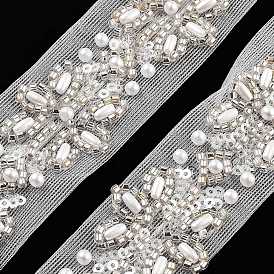 Polyester Flower Lace Trims, with ABS Imitation Pearl Beads and Glass
