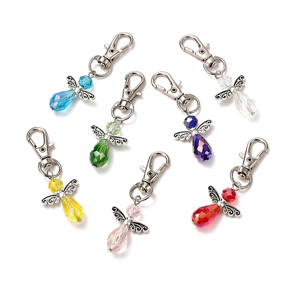 Faceted Teardrop Glass Pendants, with Faceted Glass Beads, Alloy Butterfly Beads & Swivel Lobster Claw Clasps, Iron Pins & Bead Caps, Angel