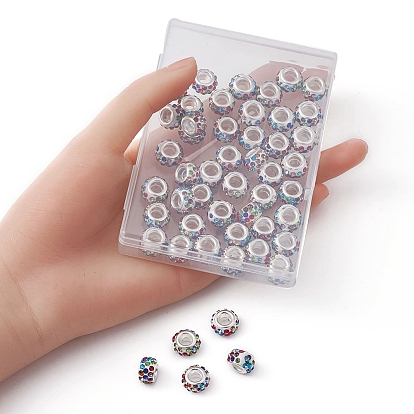 50Pcs Polymer Clay Rhinestone European Large Hole Beads, with Silver Color Plated Brass Cores, Rondelle