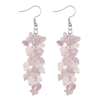 Natural Rose Quartz & Amethyst Chip Beaded Dangle Earrings, Cluster Earrings with 304 Stainless Steel Pins