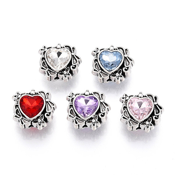 Сплавочные овальные бусины тибетского стиля , со стразами, сердце, античное серебро