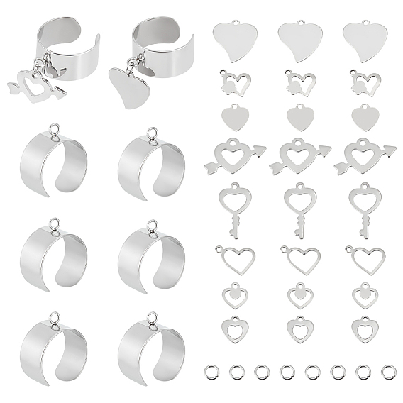 Набор для самостоятельного изготовления кольца-манжеты, включая основание кольца из нержавеющей стали и подвески, сердце и ключ-отмычка
