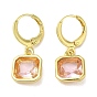 Real 18K Gold Plated Brass Dangle Leverback Earrings, with Square Glass