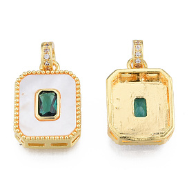 Brass Micro Pave Clear Cubic Zirconia Pendants, with Shell and Glass, Real 18K Gold Plated, Nickel Free, Rectangle