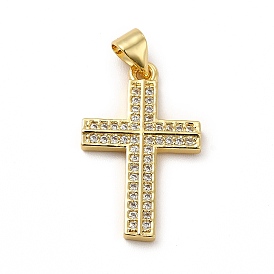 Rack Plating Brass Micro Pave Cubic Zirconia Pendants, Cadmium Free & Lead Free, Real 18K Gold Plated, Religion Cross Charm