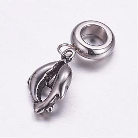 304 Stainless Steel European Dangle Charms, Large Hole Pendants, Dolphin