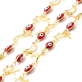 Enamel Horse Eye & Star & Moon Link Chains, with Brass Cross Charms, Real 18K Gold Plated, Soldered, Long-Lasting Plated, with Spools