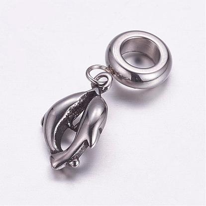304 Stainless Steel European Dangle Charms, Large Hole Pendants, Dolphin