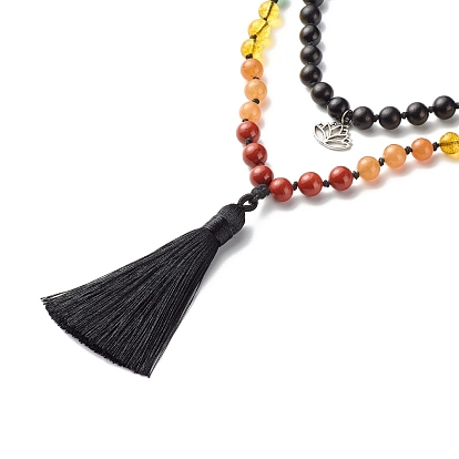 Lotus & Tassel Big Pendant Necklace, Natural Mixed Stone & Wood Beads 7 Chakra Necklace, 108 Buddhist Prayer Beads Necklace