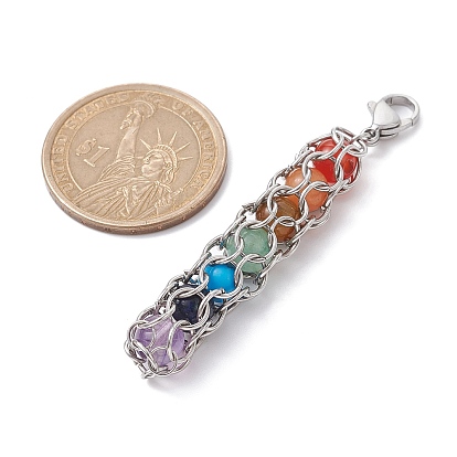 Chakra Natural Gemstone Pouch Pendant Decooration, 304 Stainless Steel Lobster Claw Clasps