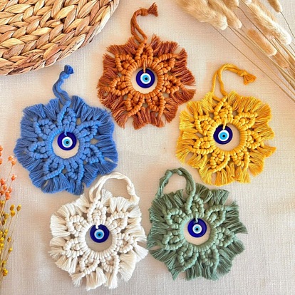Handmade Macrame Cotton Cord with Turkish Glass Evil Eye Wall Hanging Ornament, Flower