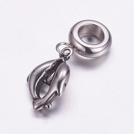 304 Stainless Steel European Dangle Charms, Large Hole Pendants, Dolphin