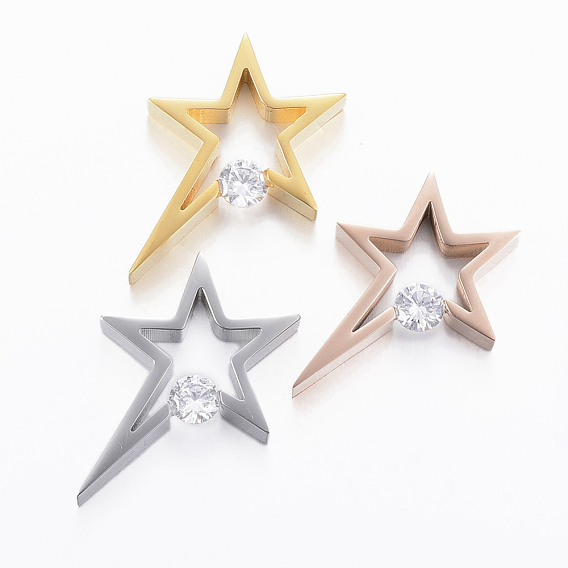 304 Stainless Steel Pendants, with Cubic Zirconia, Star