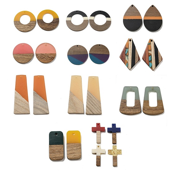 Colgantes de resina y madera de nogal con forma de trapecio, redondo plano, lágrima, rectángulo, anillo o rombo., encantos geométricos