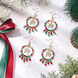 2 пары 2 цвета серьги-подвески из стеклянных бусин ручной работы на рождественскую тематику, с подвеской-бантом из сплава и 304 крючками для сережек из нержавеющей стали