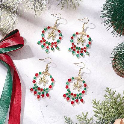 2 пары 2 цвета серьги-подвески из стеклянных бусин ручной работы на рождественскую тематику, с подвеской-бантом из сплава и 304 крючками для сережек из нержавеющей стали