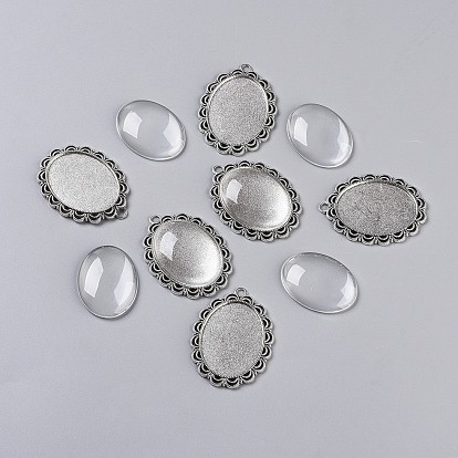 DIY Pendant Making, Tibetan Style Alloy Pendant Cabochon Settings and Glass Cabochons, Clear