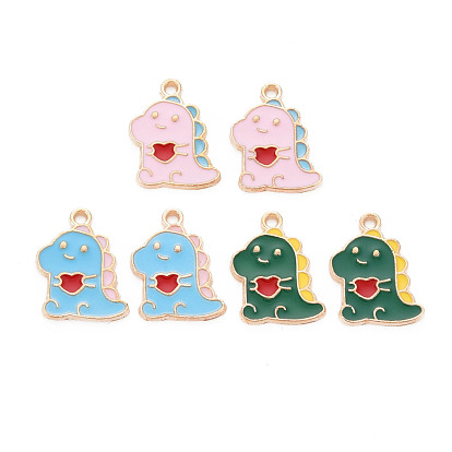 Alloy Enamel Pendants, Cadmium Free & Nickel Free & Lead Free, Light Gold, Dinosaur with Heart