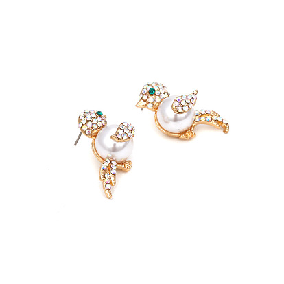 Exaggerated Bird-Shaped Pearl Earrings with Rhinestones, Retro and Personalized Women's Ear Jewelry