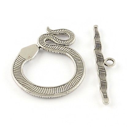 Tibetan Style Snake Toggle Clasps, Cadmium Free & Nickel Free & Lead Free, Snake: 46x36x3mm, Hole: 4mm, Bar: 51x10x3mm, Hole: 3mm, about 93sets/1000g