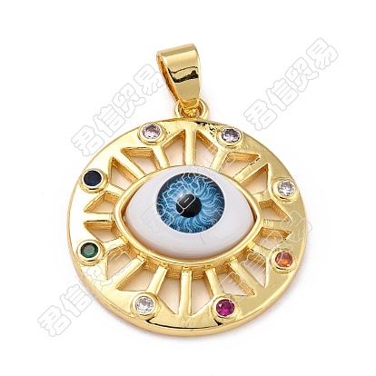 4Pcs Brass Micro Pave Colorful Cubic Zirconia Pendants, with Resin, Real 18K Gold Plated, Flat Round with Eye