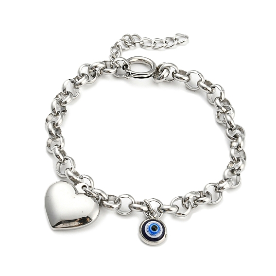 Resin Evil Eye & Heart Charm Bracelet, with 304 Stainless Steel Rolo Chains for Girl Women