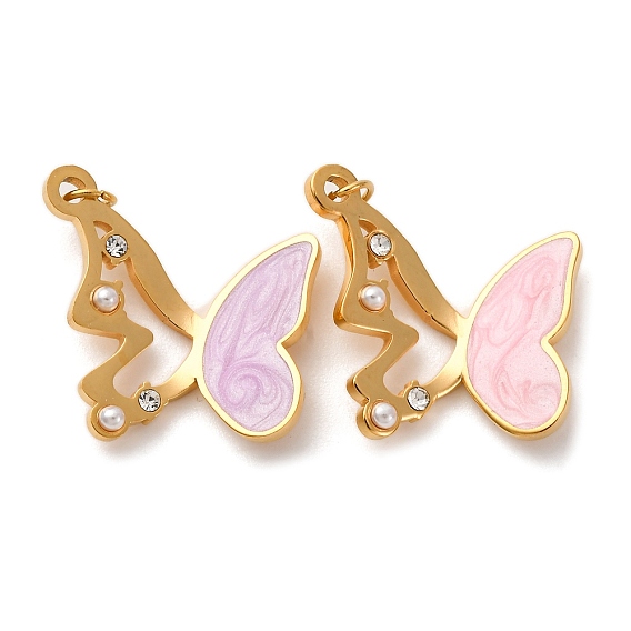304 нержавеющей стальной эмали подвески, с абс пластмассовой жемчужиной и жемчугом, очарование бабочки, с целью перехода в кольце, ионное покрытие (ip), реальный 18 k позолоченный