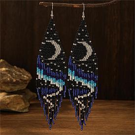 Bohemian Style Handmade Beaded Earrings with Moon Pattern Glass Beads