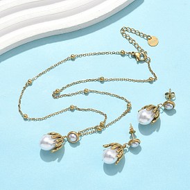 304 ожерелья и серьги-гвоздики из нержавеющей стали с цветочным кулоном для женщин, с пластиковой имитационной жемчужиной, ионное покрытие (ip)